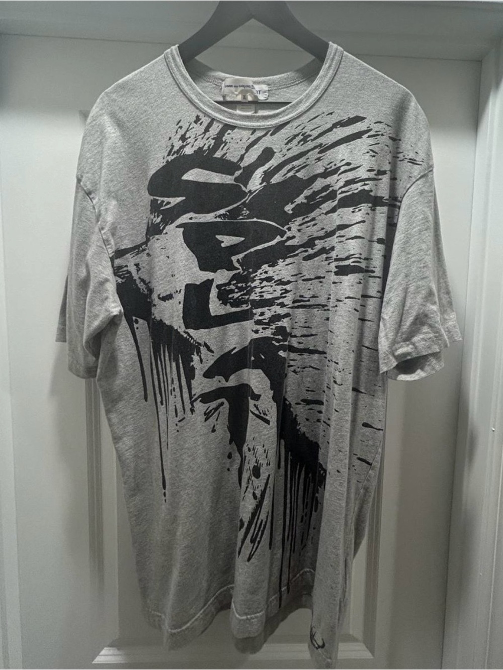 Comme des Garcons Gray Tee with Black Graphic Splash XL